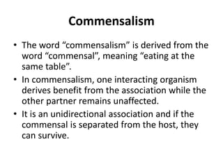 Commensalism
• The word “commensalism” is derived from the
word “commensal”, meaning “eating at the
same table”.
• In commensalism, one interacting organism
derives benefit from the association while the
other partner remains unaffected.
• It is an unidirectional association and if the
commensal is separated from the host, they
can survive.
 