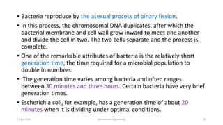 • Bacteria reproduce by the asexual process of binary fission.
• In this process, the chromosomal DNA duplicates, after which the
bacterial membrane and cell wall grow inward to meet one another
and divide the cell in two. The two cells separate and the process is
complete.
• One of the remarkable attributes of bacteria is the relatively short
generation time, the time required for a microbial population to
double in numbers.
• The generation time varies among bacteria and often ranges
between 30 minutes and three hours. Certain bacteria have very brief
generation times.
• Escherichia coli, for example, has a generation time of about 20
minutes when it is dividing under optimal conditions.
7 April 2020 Biochemical Engineering 32
 