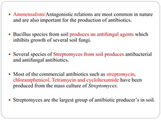  Ammensalism/Antagonistic relations are most common in nature
and are also important for the production of antibiotics.
 Bacillus species from soil produces an antifungal agents which
inhibits growth of several soil fungi.
 Several species of Streptomyces from soil produces antibacterial
and antifungal antibiotics.
 Most of the commercial antibiotics such as streptomycin,
chloramphenicol, Tetramycin and cyclohexamide have been
produced from the mass culture of Streptomyces.
 Streptomyces are the largest group of antibiotic producer’s in soil.
 