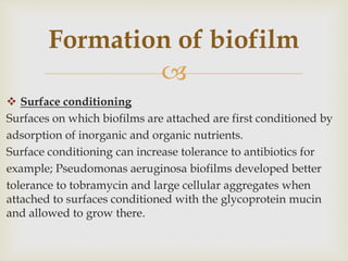 
 Surface conditioning
Surfaces on which biofilms are attached are first conditioned by
adsorption of inorganic and organic nutrients.
Surface conditioning can increase tolerance to antibiotics for
example; Pseudomonas aeruginosa biofilms developed better
tolerance to tobramycin and large cellular aggregates when
attached to surfaces conditioned with the glycoprotein mucin
and allowed to grow there.
Formation of biofilm
 