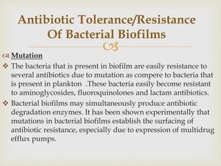  Mutation
 The bacteria that is present in biofilm are easily resistance to
several antibiotics due to mutation as compere to bacteria that
is present in plankton .These bacteria easily become resistant
to aminoglycosides, fluoroquinolones and lactam antibiotics.
 Bacterial biofilms may simultaneously produce antibiotic
degradation enzymes. It has been shown experimentally that
mutations in bacterial biofilms establish the surfacing of
antibiotic resistance, especially due to expression of multidrug
efflux pumps.
Antibiotic Tolerance/Resistance
Of Bacterial Biofilms
 
