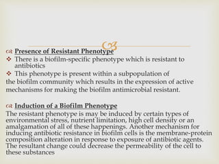  Presence of Resistant Phenotype
 There is a biofilm-specific phenotype which is resistant to
antibiotics
 This phenotype is present within a subpopulation of
the biofilm community which results in the expression of active
mechanisms for making the biofilm antimicrobial resistant.
 Induction of a Biofilm Phenotype
The resistant phenotype is may be induced by certain types of
environmental stress, nutrient limitation, high cell density or an
amalgamation of all of these happenings. Another mechanism for
inducing antibiotic resistance in biofilm cells is the membrane-protein
composition alteration in response to exposure of antibiotic agents.
The resultant change could decrease the permeability of the cell to
these substances
 