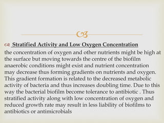 
 Stratified Activity and Low Oxygen Concentration
the concentration of oxygen and other nutrients might be high at
the surface but moving towards the centre of the biofilm
anaerobic conditions might exist and nutrient concentration
may decrease thus forming gradients on nutrients and oxygen.
This gradient formation is related to the decreased metabolic
activity of bacteria and thus increases doubling time. Due to this
way the bacterial biofilm become tolerance to antibiotic . Thus
stratified activity along with low concentration of oxygen and
reduced growth rate may result in less liability of biofilms to
antibiotics or antimicrobials
 