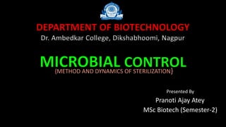 {METHOD AND DYNAMICS OF STERILIZATION}
Presented By
Pranoti Ajay Atey
MSc Biotech (Semester-2)
DEPARTMENT OF BIOTECHNOLOGY
Dr. Ambedkar College, Dikshabhoomi, Nagpur
 