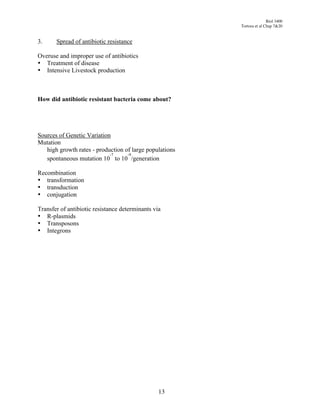 Biol 3400
                                                         Tortora et al Chap 7&20


3.     Spread of antibiotic resistance

Overuse and improper use of antibiotics
• Treatment of disease
• Intensive Livestock production



How did antibiotic resistant bacteria come about?




Sources of Genetic Variation
Mutation
   high growth rates - production of large populations
                            -7     -9
   spontaneous mutation 10 to 10 /generation

Recombination
• transformation
• transduction
• conjugation

Transfer of antibiotic resistance determinants via
• R-plasmids
• Transposons
• Integrons




                                                 13
 