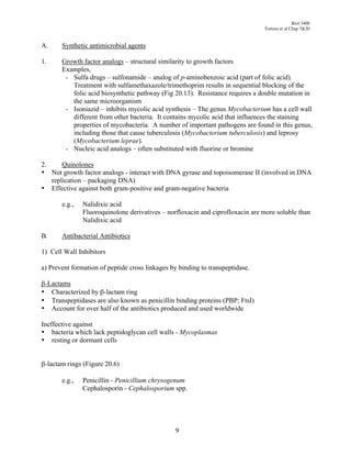 Biol 3400
                                                                               Tortora et al Chap 7&20


A.     Synthetic antimicrobial agents

1.     Growth factor analogs – structural similarity to growth factors
       Examples,
        - Sulfa drugs – sulfonamide – analog of p-aminobenzoic acid (part of folic acid).
          Treatment with sulfamethaxazole/trimethoprim results in sequential blocking of the
          folic acid biosynthetic pathway (Fig 20.13). Resistance requires a double mutation in
          the same microorganism
        - Isoniazid – inhibits mycolic acid synthesis – The genus Mycobacterium has a cell wall
          different from other bacteria. It contains mycolic acid that influences the staining
          properties of mycobacteria. A number of important pathogens are found in this genus,
          including those that cause tuberculosis (Mycobacterium tuberculosis) and leprosy
          (Mycobacterium leprae).
        - Nucleic acid analogs – often substituted with fluorine or bromine

2.     Quinolones
• Not growth factor analogs - interact with DNA gyrase and topoisomerase II (involved in DNA
   replication – packaging DNA)
• Effective against both gram-positive and gram-negative bacteria

       e.g.,   Nalidixic acid
               Fluoroquinolone derivatives – norfloxacin and ciprofloxacin are more soluble than
               Nalidixic acid

B.     Antibacterial Antibiotics

1) Cell Wall Inhibitors

a) Prevent formation of peptide cross linkages by binding to transpeptidase.

"-Lactams
• Characterized by "-lactam ring
• Transpeptidases are also known as penicillin binding proteins (PBP; FtsI)
• Account for over half of the antibiotics produced and used worldwide

Ineffective against
• bacteria which lack peptidoglycan cell walls - Mycoplasmas
• resting or dormant cells


"-lactam rings (Figure 20.6)

       e.g.,   Penicillin - Penicillium chrysogenum
               Cephalosporin - Cephalosporium spp.




                                                9
 