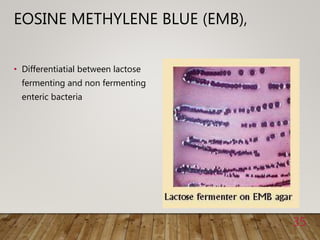 EOSINE METHYLENE BLUE (EMB),
• Differentiatial between lactose
fermenting and non fermenting
enteric bacteria
35
 