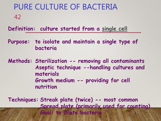 PURE CULTURE OF BACTERIA
Definition: culture started from a single cell
Purpose: to isolate and maintain a single type of
bacteria
Methods: Sterilization -- removing all contaminants
Aseptic technique --handling cultures and
materials
Growth medium -- providing for cell
nutrition
Techniques: Streak plate (twice) -- most common
Spread plate (primarily used for counting)
Goal: to dilute bacteria
42
 
