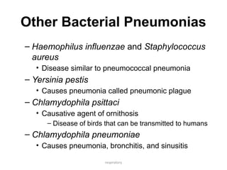respiratory
Other Bacterial Pneumonias
– Haemophilus influenzae and Staphylococcus
aureus
• Disease similar to pneumococcal pneumonia
– Yersinia pestis
• Causes pneumonia called pneumonic plague
– Chlamydophila psittaci
• Causative agent of ornithosis
– Disease of birds that can be transmitted to humans
– Chlamydophila pneumoniae
• Causes pneumonia, bronchitis, and sinusitis
 