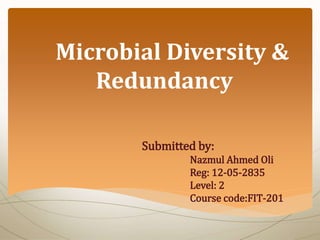 Microbial Diversity &
Redundancy
Submitted by:
Nazmul Ahmed Oli
Reg: 12-05-2835
Level: 2
Course code:FIT-201
 