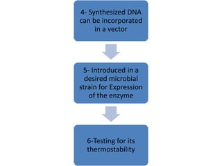 4- Synthesized DNA
can be incorporated
in a vector
5- Introduced in a
desired microbial
strain for Expression
of the enzyme
6-Testing for its
thermostability
 