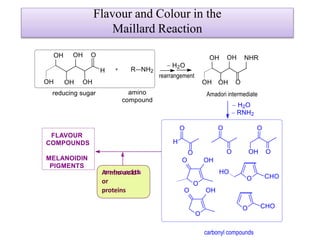 Flavour and Colour in the
Maillard Reaction
 H2O
rearrangement
H
OH OH NHR
OH OH O
Amadori intermediate
carbonyl compounds
 H2O
 RNH2
O
O
H
O
O
CHO
HO
O
O OH
O
O
O CHO
O OH
OH O
O
FLAVOUR
COMPOUNDS
MELANOIDIN
PIGMENTS
H
OH OH O
R NH2+
OH OH OH
reducing sugar amino
compound
Aammiinnooaacciidds
or
proteins
 