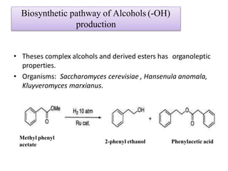 Biosynthetic pathway of Alcohols (-OH)
production
• Theses complex alcohols and derived esters has organoleptic
properties.
• Organisms: Saccharomyces cerevisiae , Hansenula anomala,
Kluyveromyces marxianus.
Methyl phenyl
acetate
2-phenyl ethanol Phenylacetic acid
 