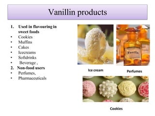 Vanillin products
Ice cream Perfumes
Cookies
1. Used in flavouring in
sweet foods
• Cookies
• Muffins
• Cakes
• Icecreams
• Softdrinks
• Beverage ,
2. Non-food users
• Perfumes,
• Pharmaceuticals
 