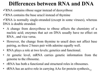Differences between RNA and DNA
RNA contains ribose sugar instead of deoxyribose
RNA contains the base uracil instead of thymine
RNA is normally single-stranded (except in some viruses), whereas
DNA is double stranded.
• A change from deoxyribose to ribose affects the chemistry of a
nucleic acid; enzymes that act on DNA usually have no effect on
RNA , and vice versa.
• However, the change from thymine to uracil does not affect base
pairing, as these 2 bases pair with adenine equally well.
• RNA plays a role at two levels; genetics and functional.
• At genetic level, mRNA carries genetic information from the
genome to the ribosome.
• rRNA has both a functional and structural roles in ribosomes.
• tRNA has an active role in carrying AAs for protein synthesis.12
 