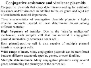 Conjugative resistance and virulence plasmids
Conjugative plasmids that carry determinants coding for antibiotic
resistance and/or virulence in addition to the tra genes and repA are
of considerable medical importance.
Three characteristics of conjugative plasmids promote a highly
efficient horizontal spread of these determinant factors among
different bacteria:
High frequency of transfer. Due to the “transfer replication”
mechanism, each receptor cell that has received a conjugative
plasmid automatically becomes a donor cell.
Each plasmid-positive cell is also capable of multiple plasmid
transfers to receptor cells.
Wide range of hosts. Many conjugative plasmids can be transferred
between different taxonomic species, genera, or even families.
Multiple determinants. Many conjugative plasmids carry several
genes determining the phenotype of the carrier cell. 30
 