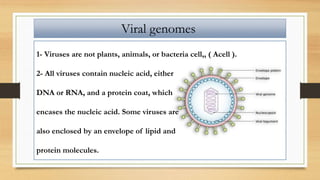 Viral genomes
1- Viruses are not plants, animals, or bacteria cell,, ( Acell ).
2- All viruses contain nucleic acid, either
DNA or RNA, and a protein coat, which
encases the nucleic acid. Some viruses are
also enclosed by an envelope of lipid and
protein molecules.
 