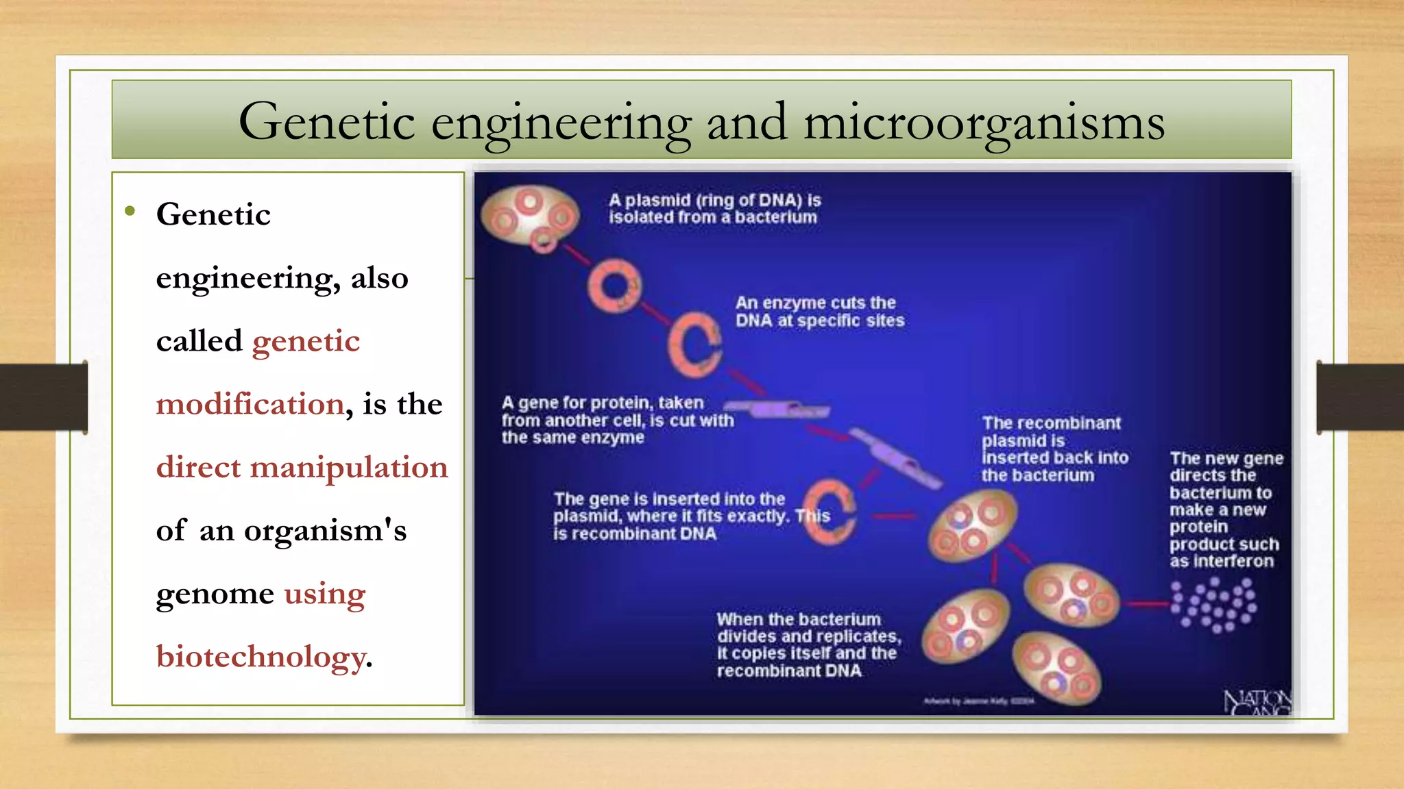 Genetic engineering and microorganisms
• Genetic
engineering, also
called genetic
modification, is the
direct manipulation
of an organism's
genome using
biotechnology.
 