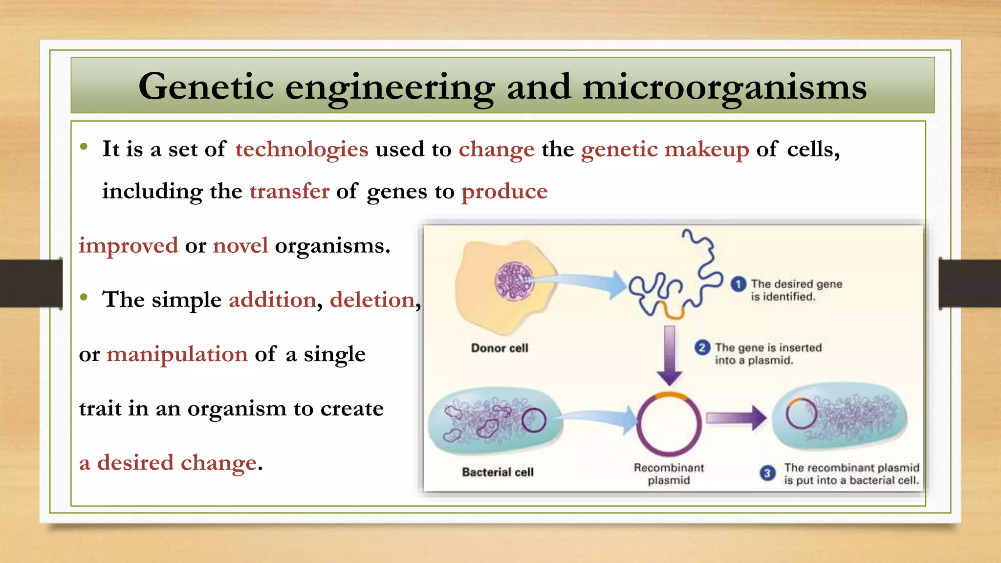 • It is a set of technologies used to change the genetic makeup of cells,
including the transfer of genes to produce
improved or novel organisms.
• The simple addition, deletion,
or manipulation of a single
trait in an organism to create
a desired change.
Genetic engineering and microorganisms
 
