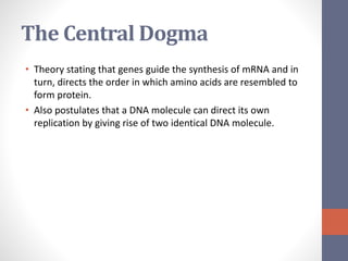 The Central Dogma 
• Theory stating that genes guide the synthesis of mRNA and in 
turn, directs the order in which amino acids are resembled to 
form protein. 
• Also postulates that a DNA molecule can direct its own 
replication by giving rise of two identical DNA molecule. 
 