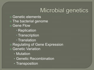  Genetic   elements
 The bacterial genome
 Gene Flow
      Replication
      Transcription
      Translation
 Regulating of Gene Expression
 Genetic Variation
   • Mutation
   • Genetic Recombination
   • Transposition
 