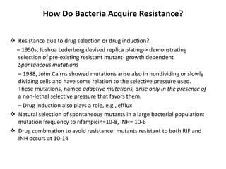 How Do Bacteria Acquire Resistance?
 Resistance due to drug selection or drug induction?
– 1950s, Joshua Lederberg devised replica plating-> demonstrating
selection of pre-existing resistant mutant- growth dependent
Spontaneous mutations
– 1988, John Cairns showed mutations arise also in nondividing or slowly
dividing cells and have some relation to the selective pressure used.
These mutations, named adaptive mutations, arise only in the presence of
a non-lethal selective pressure that favors them.
– Drug induction also plays a role, e.g., efflux
 Natural selection of spontaneous mutants in a large bacterial population:
mutation frequency to rifampicin=10-8, INH= 10-6
 Drug combination to avoid resistance: mutants resistant to both RIF and
INH occurs at 10-14
 