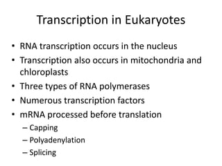 Transcription in Eukaryotes
• RNA transcription occurs in the nucleus
• Transcription also occurs in mitochondria and
chloroplasts
• Three types of RNA polymerases
• Numerous transcription factors
• mRNA processed before translation
– Capping
– Polyadenylation
– Splicing
 