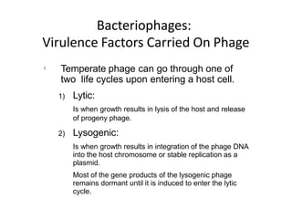 Bacteriophages:
Virulence Factors Carried On Phage

Temperate phage can go through one of
two life cycles upon entering a host cell.
1) Lytic:
Is when growth results in lysis of the host and release
of progeny phage.
2) Lysogenic:
Is when growth results in integration of the phage DNA
into the host chromosome or stable replication as a
plasmid.
Most of the gene products of the lysogenic phage
remains dormant until it is induced to enter the lytic
cycle.
 