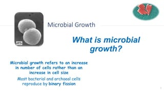 What is microbial
growth?
Microbial Growth
1
Microbial growth refers to an increase
in number of cells rather than an
increase in cell size
Most bacterial and archaeal cells
reproduce by binary fission
 