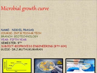 Microbial growth curve
NAME- NIKHIL PRASAD
COURSE- INT.B.TECH+M.TECH
BRANCH- BIOTECHNOLOGY
YEAR- FIFTH YEAR
SEMESTER- 9TH
SUBJECT-BIOPROCESS ENGINEERING (BTY 604)
GUIDE- DR.J.MUTHUKUMARAN
 