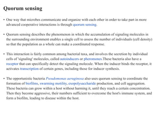 Quorum sensing
• One way that microbes communicate and organize with each other in order to take part in more
advanced cooperative interactions is through quorum sensing.
• Quorum sensing describes the phenomenon in which the accumulation of signaling molecules in
the surrounding environment enables a single cell to assess the number of individuals (cell density)
so that the population as a whole can make a coordinated response.
• This interaction is fairly common among bacterial taxa, and involves the secretion by individual
cells of 'signaling' molecules, called autoinducers or pheromones.These bacteria also have a
receptor that can specifically detect the signaling molecule. When the inducer binds the receptor, it
activates transcription of certain genes, including those for inducer synthesis.
• The opportunistic bacteria Pseudomonas aeruginosa also uses quorum sensing to coordinate the
formation of biofilms, swarming motility, exopolysaccharide production, and cell aggregation.
These bacteria can grow within a host without harming it, until they reach a certain concentration.
Then they become aggressive, their numbers sufficient to overcome the host's immune system, and
form a biofilm, leading to disease within the host.
 