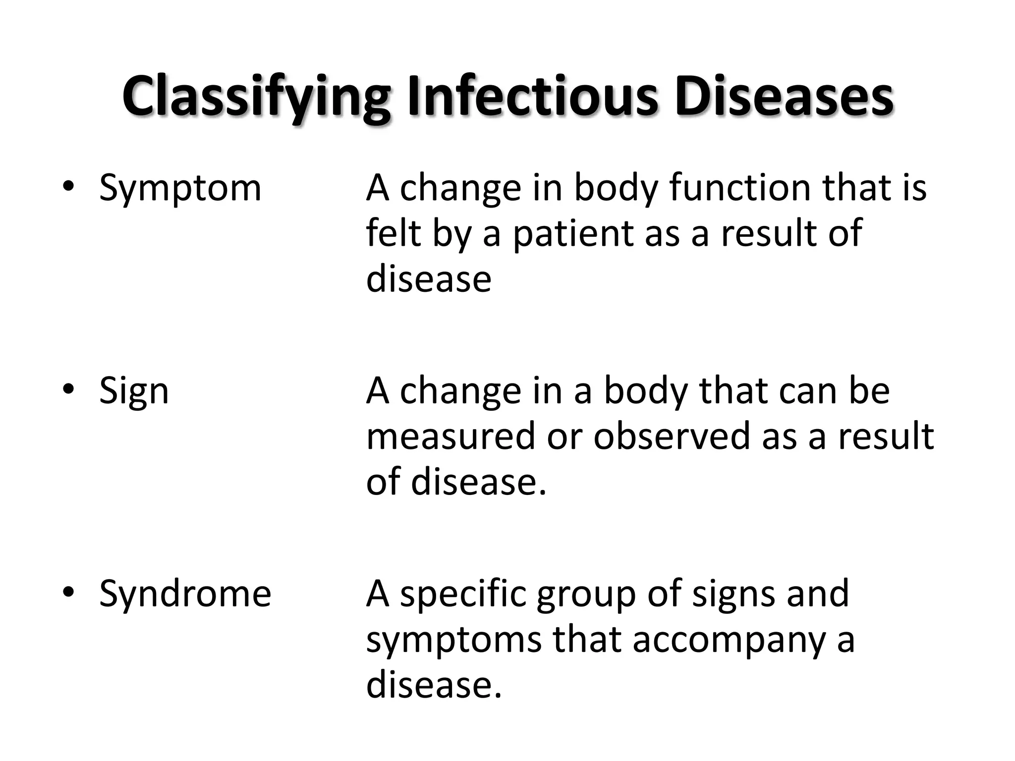 Classifying Infectious Diseases
• Symptom    A change in body function that is
             felt by a patient as a result of
             disease

• Sign       A change in a body that can be
             measured or observed as a result
             of disease.

• Syndrome   A specific group of signs and
             symptoms that accompany a
             disease.
 