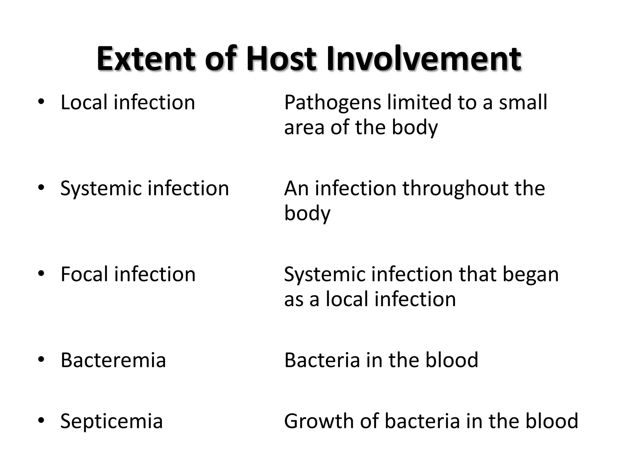 Extent of Host Involvement
• Local infection      Pathogens limited to a small
                       area of the body

• Systemic infection   An infection throughout the
                       body

• Focal infection      Systemic infection that began
                       as a local infection

• Bacteremia           Bacteria in the blood

• Septicemia           Growth of bacteria in the blood
 