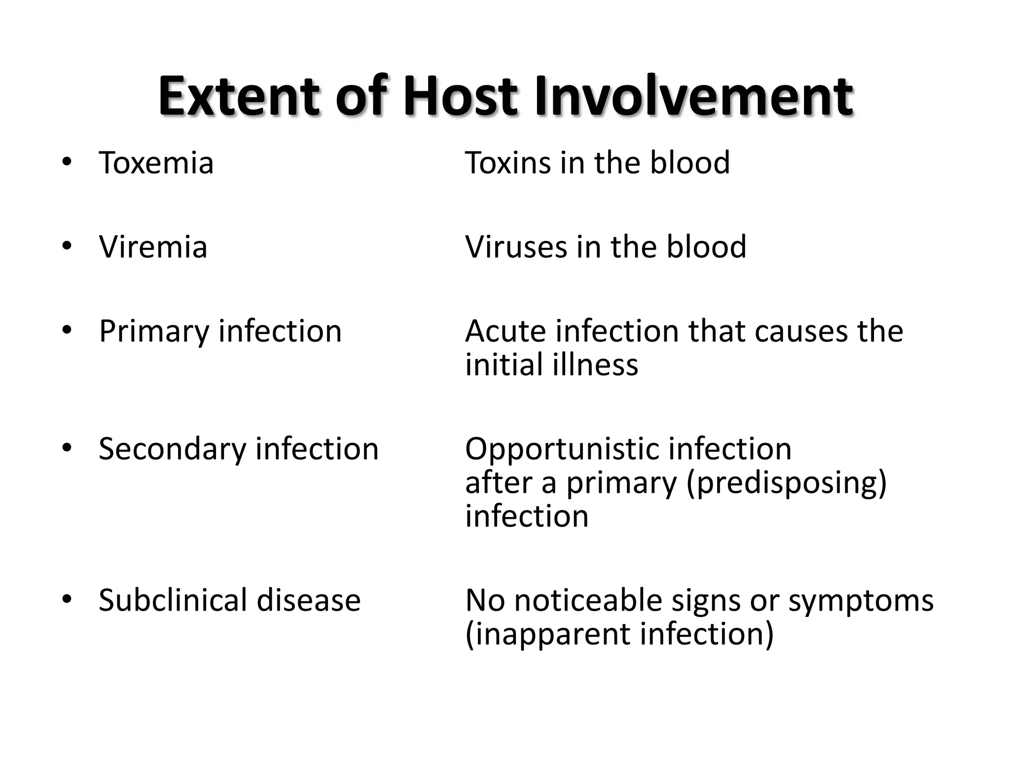 Extent of Host Involvement
• Toxemia               Toxins in the blood

• Viremia               Viruses in the blood

• Primary infection     Acute infection that causes the
                        initial illness

• Secondary infection   Opportunistic infection
                        after a primary (predisposing)
                        infection

• Subclinical disease   No noticeable signs or symptoms
                        (inapparent infection)
 