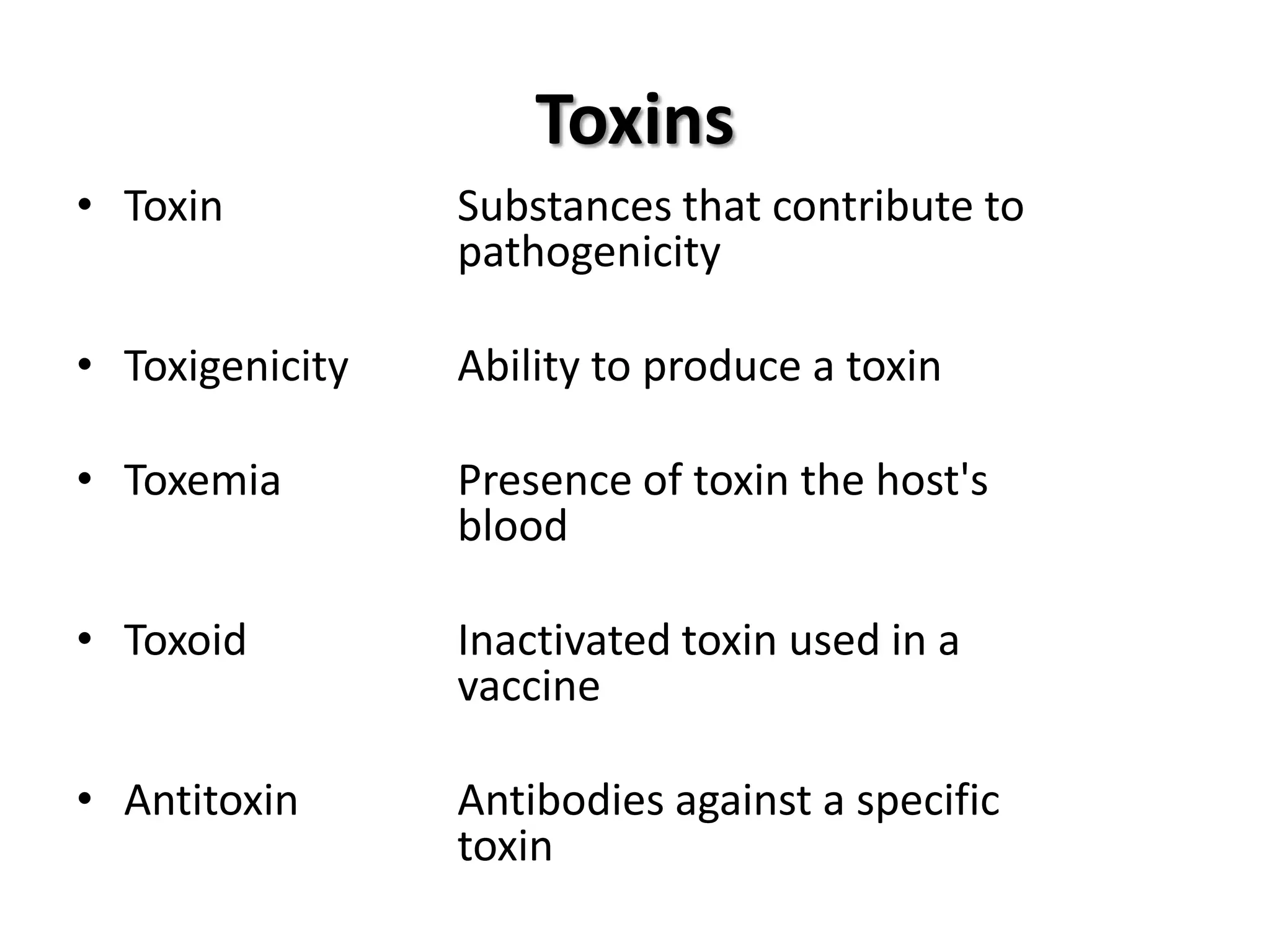 Toxins
• Toxin          Substances that contribute to
                 pathogenicity

• Toxigenicity   Ability to produce a toxin

• Toxemia        Presence of toxin the host's
                 blood

• Toxoid         Inactivated toxin used in a
                 vaccine

• Antitoxin      Antibodies against a specific
                 toxin
 