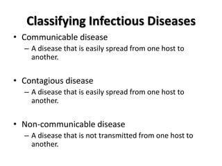 Classifying Infectious Diseases
• Communicable disease
  – A disease that is easily spread from one host to
    another.

• Contagious disease
  – A disease that is easily spread from one host to
    another.


• Non-communicable disease
  – A disease that is not transmitted from one host to
    another.
 
