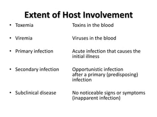 Extent of Host Involvement
• Toxemia               Toxins in the blood

• Viremia               Viruses in the blood

• Primary infection     Acute infection that causes the
                        initial illness

• Secondary infection   Opportunistic infection
                        after a primary (predisposing)
                        infection

• Subclinical disease   No noticeable signs or symptoms
                        (inapparent infection)
 