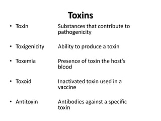 Toxins
• Toxin          Substances that contribute to
                 pathogenicity

• Toxigenicity   Ability to produce a toxin

• Toxemia        Presence of toxin the host's
                 blood

• Toxoid         Inactivated toxin used in a
                 vaccine

• Antitoxin      Antibodies against a specific
                 toxin
 