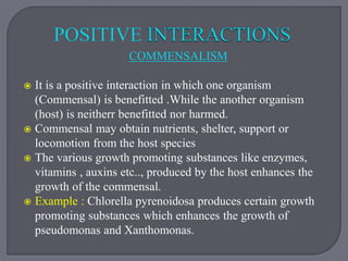 COMMENSALISM
 It is a positive interaction in which one organism
(Commensal) is benefitted .While the another organism
(host) is neitherr benefitted nor harmed.
 Commensal may obtain nutrients, shelter, support or
locomotion from the host species
 The various growth promoting substances like enzymes,
vitamins , auxins etc.., produced by the host enhances the
growth of the commensal.
 Example : Chlorella pyrenoidosa produces certain growth
promoting substances which enhances the growth of
pseudomonas and Xanthomonas.
 