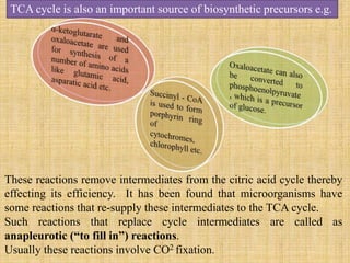 These reactions remove intermediates from the citric acid cycle thereby
effecting its efficiency. It has been found that microorganisms have
some reactions that re-supply these intermediates to the TCA cycle.
Such reactions that replace cycle intermediates are called as
anapleurotic (“to fill in”) reactions.
Usually these reactions involve CO2 fixation.
TCA cycle is also an important source of biosynthetic precursors e.g.
 