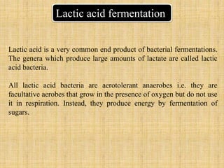 Lactic acid is a very common end product of bacterial fermentations.
The genera which produce large amounts of lactate are called lactic
acid bacteria.
All lactic acid bacteria are aerotolerant anaerobes i.e. they are
facultative aerobes that grow in the presence of oxygen but do not use
it in respiration. Instead, they produce energy by fermentation of
sugars.
Lactic acid fermentation
 