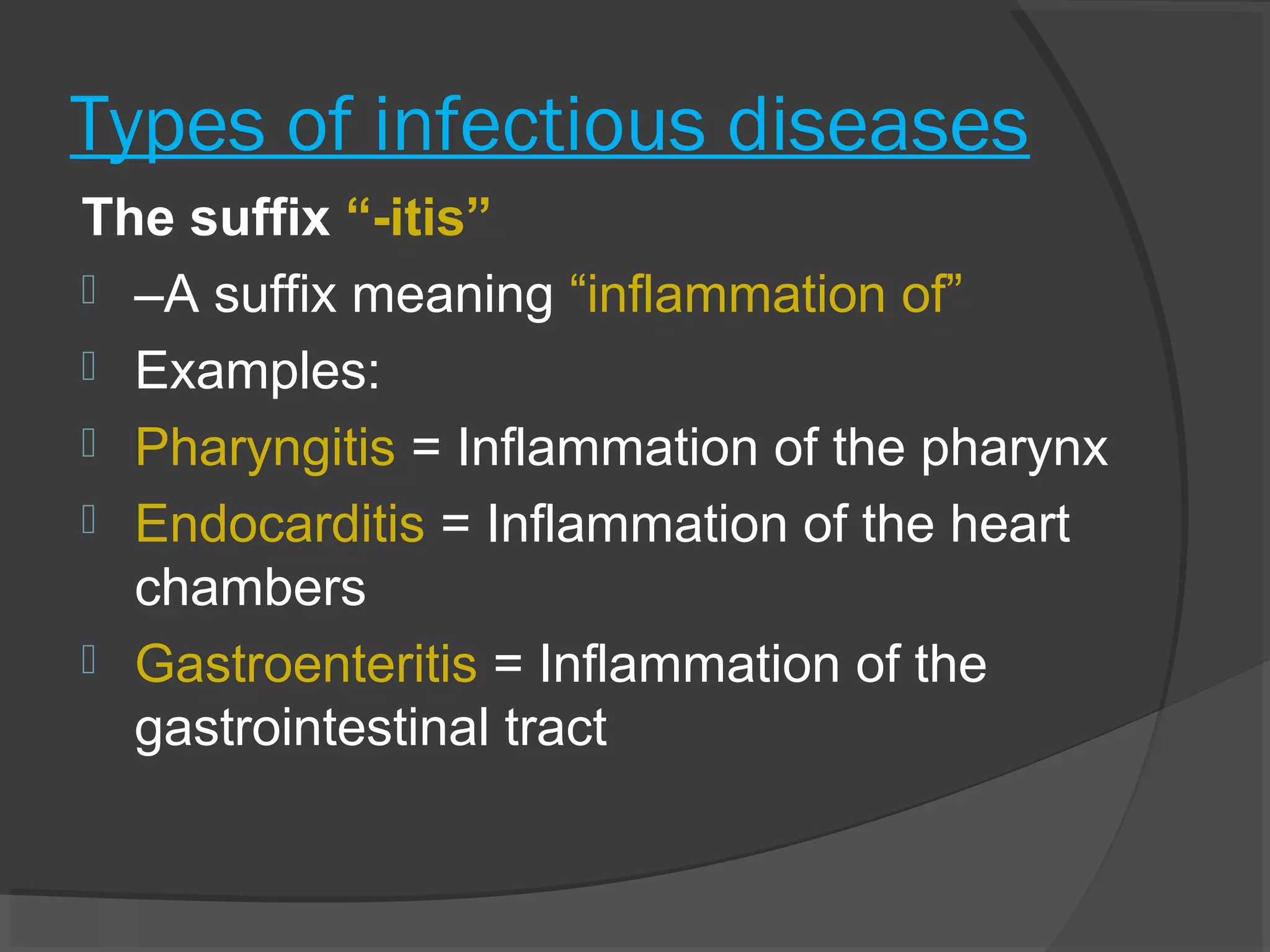 Types of infectious diseases
The suffix “-itis”
 –A suffix meaning “inflammation of”
 Examples:
 Pharyngitis = Inflammation of the pharynx
 Endocarditis = Inflammation of the heart
chambers
 Gastroenteritis = Inflammation of the
gastrointestinal tract
 