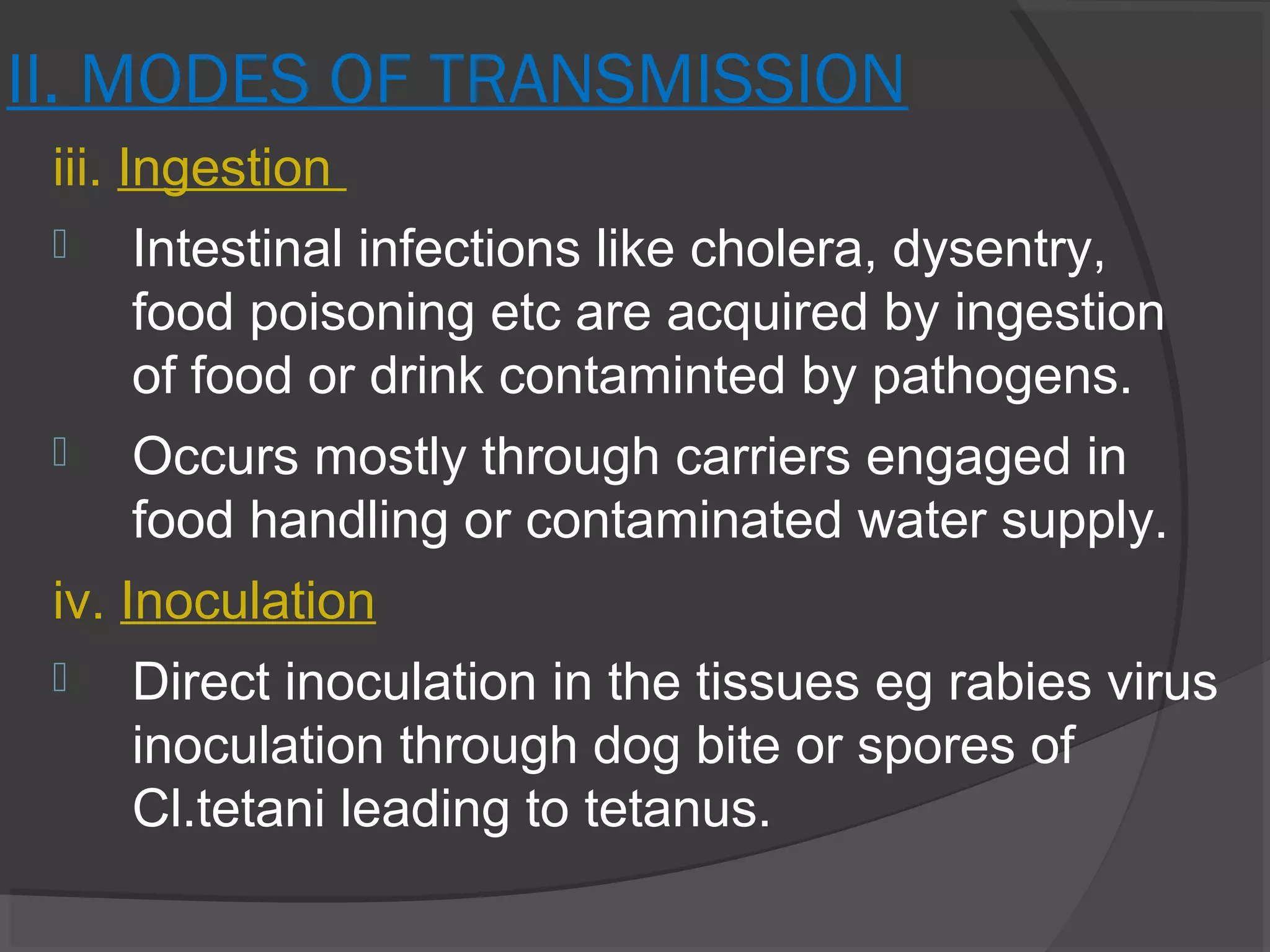 II. MODES OF TRANSMISSION
iii. Ingestion
 Intestinal infections like cholera, dysentry,
food poisoning etc are acquired by ingestion
of food or drink contaminted by pathogens.
 Occurs mostly through carriers engaged in
food handling or contaminated water supply.
iv. Inoculation
 Direct inoculation in the tissues eg rabies virus
inoculation through dog bite or spores of
Cl.tetani leading to tetanus.
 
