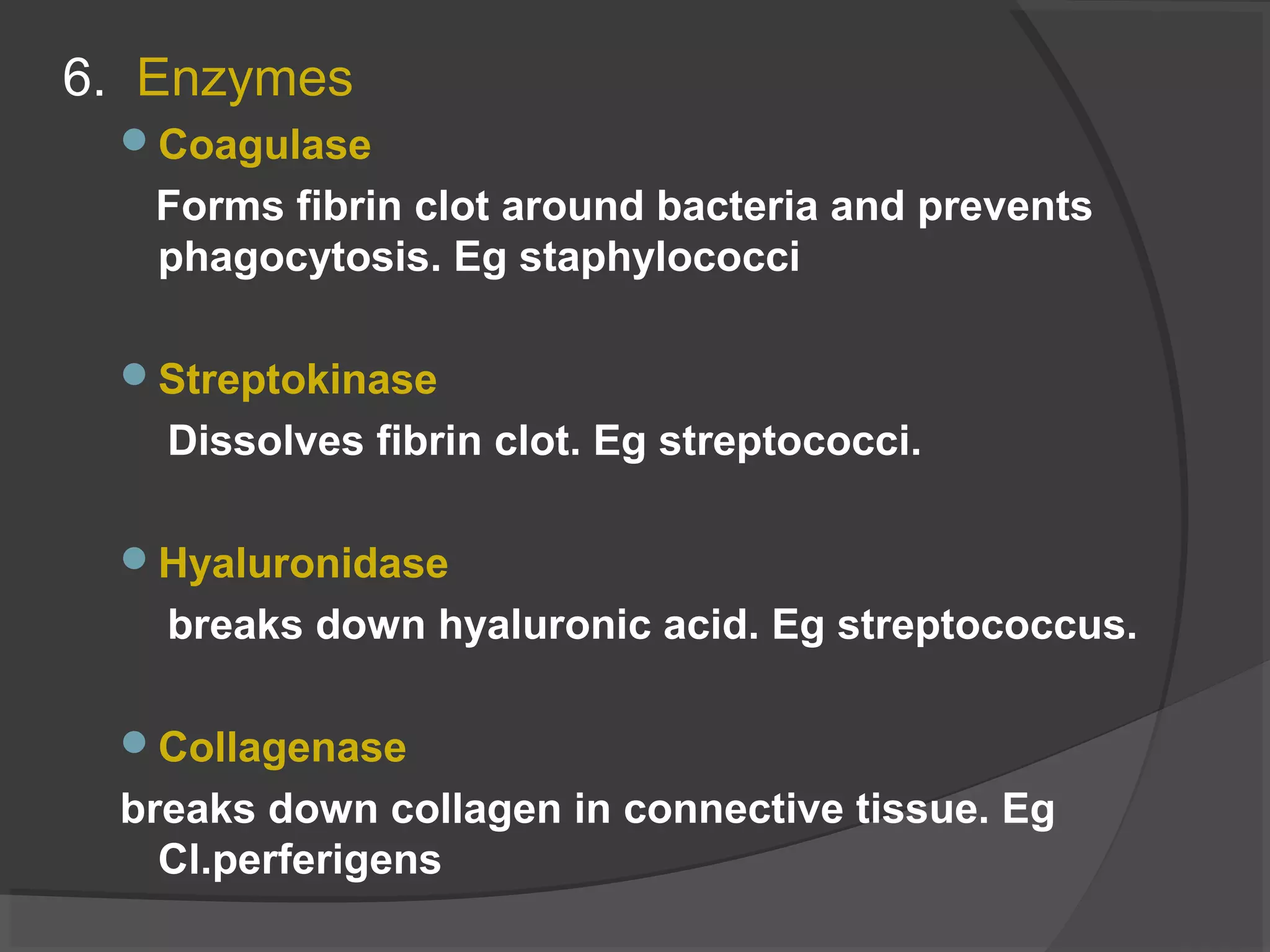 6. Enzymes
Coagulase
Forms fibrin clot around bacteria and prevents
phagocytosis. Eg staphylococci
Streptokinase
Dissolves fibrin clot. Eg streptococci.
Hyaluronidase
breaks down hyaluronic acid. Eg streptococcus.
Collagenase
breaks down collagen in connective tissue. Eg
Cl.perferigens
 