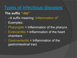 Types of infectious diseases
The suffix “-itis”
 –A suffix meaning “inflammation of”
 Examples:
 Pharyngitis = Inflammation of the pharynx
 Endocarditis = Inflammation of the heart
chambers
 Gastroenteritis = Inflammation of the
gastrointestinal tract
 