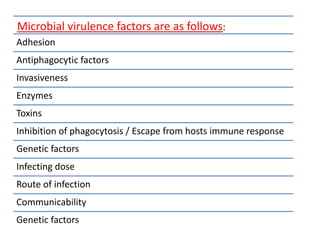 Microbial virulence factors are as follows:
Adhesion
Antiphagocytic factors
Invasiveness
Enzymes
Toxins
Inhibition of phagocytosis / Escape from hosts immune response
Genetic factors
Infecting dose
Route of infection
Communicability
Genetic factors
 