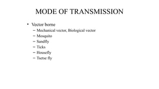 MODE OF TRANSMISSION
• Vector borne
– Mechanical vector, Biological vector
– Mosquito
– Sandfly
– Ticks
– Housefly
– Tsetse fly
 