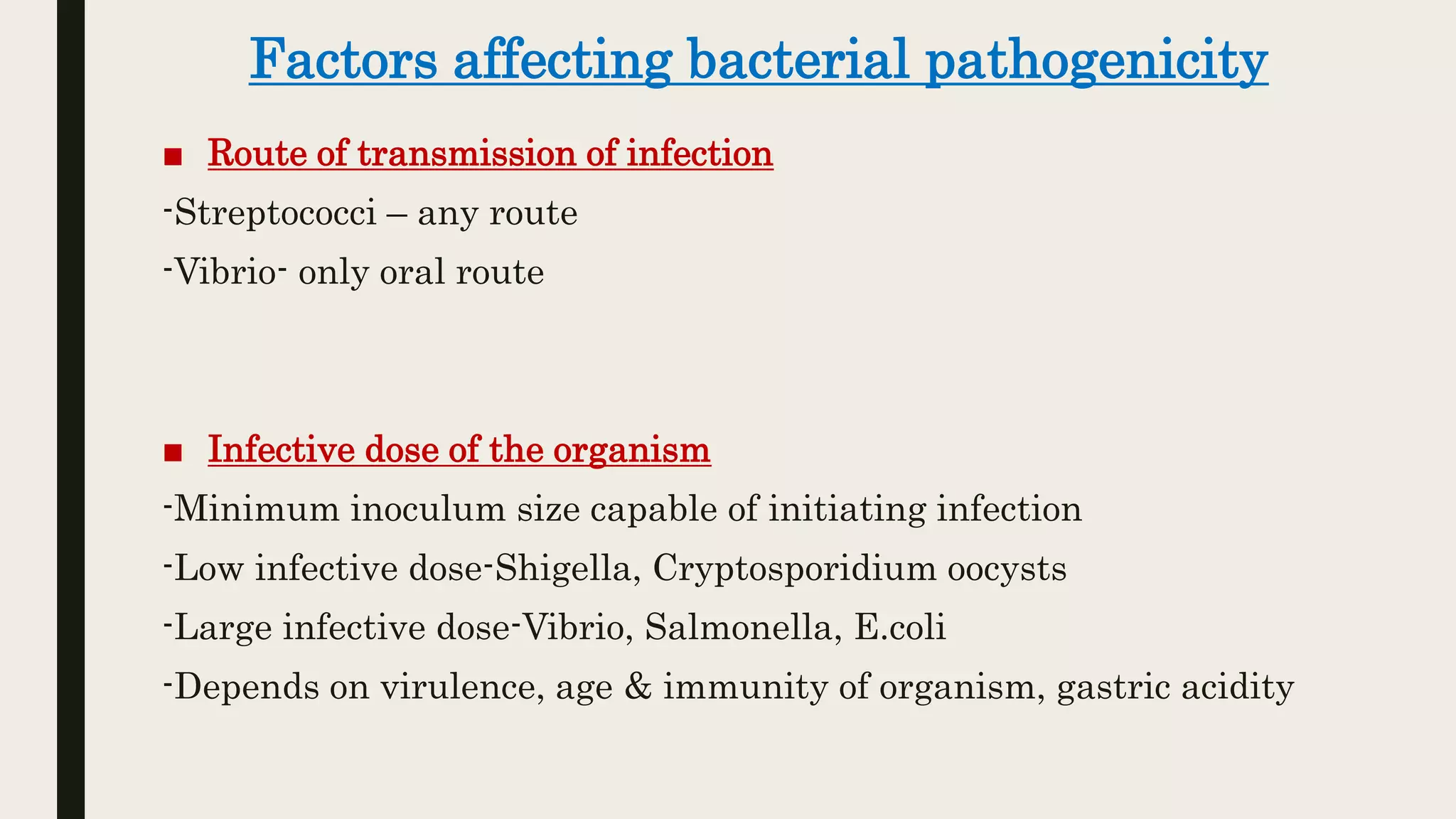 Factors affecting bacterial pathogenicity
■ Route of transmission of infection
-Streptococci – any route
-Vibrio- only oral route
■ Infective dose of the organism
-Minimum inoculum size capable of initiating infection
-Low infective dose-Shigella, Cryptosporidium oocysts
-Large infective dose-Vibrio, Salmonella, E.coli
-Depends on virulence, age & immunity of organism, gastric acidity
 