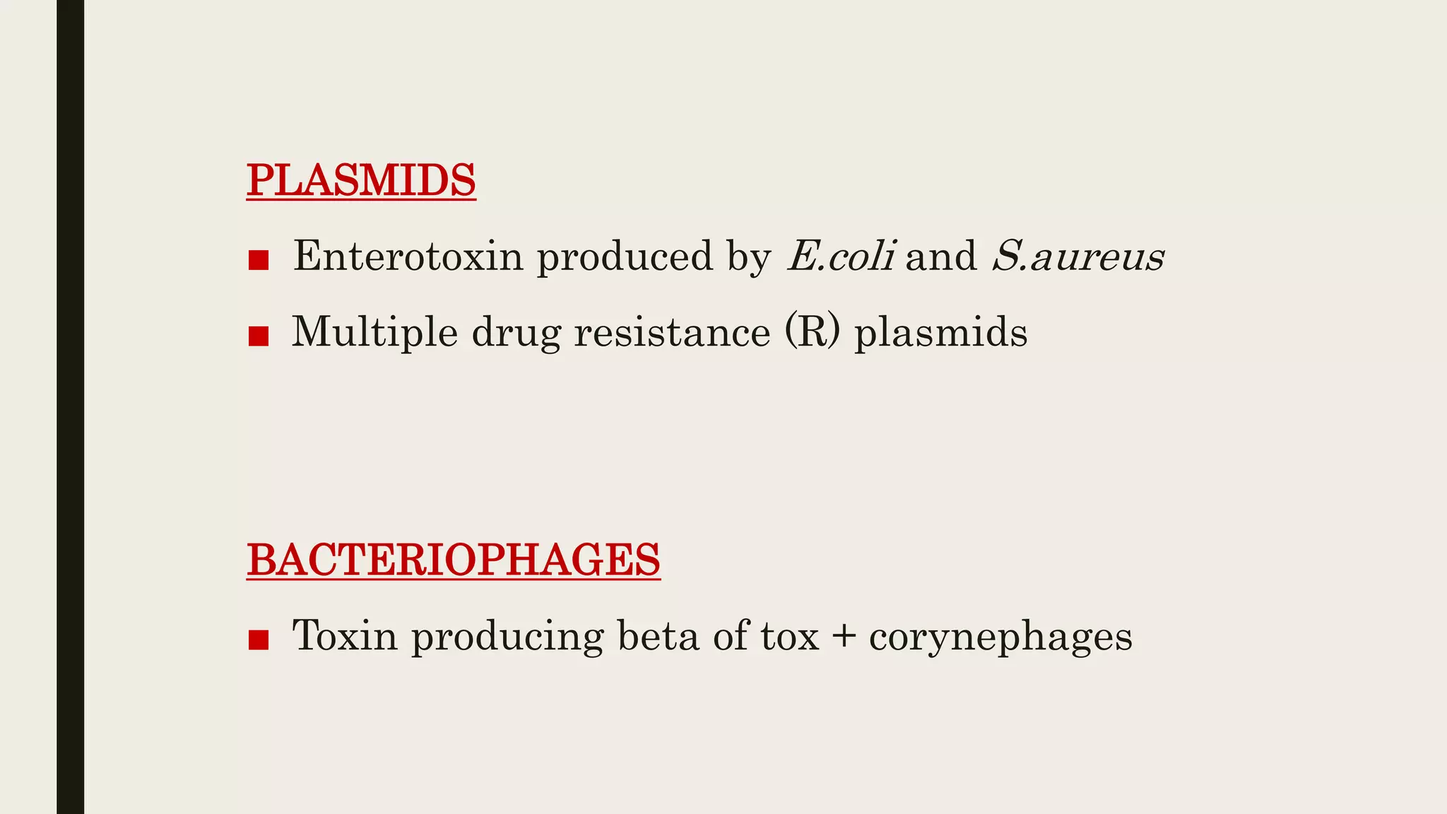 PLASMIDS
■ Enterotoxin produced by E.coli and S.aureus
■ Multiple drug resistance (R) plasmids
BACTERIOPHAGES
■ Toxin producing beta of tox + corynephages
 