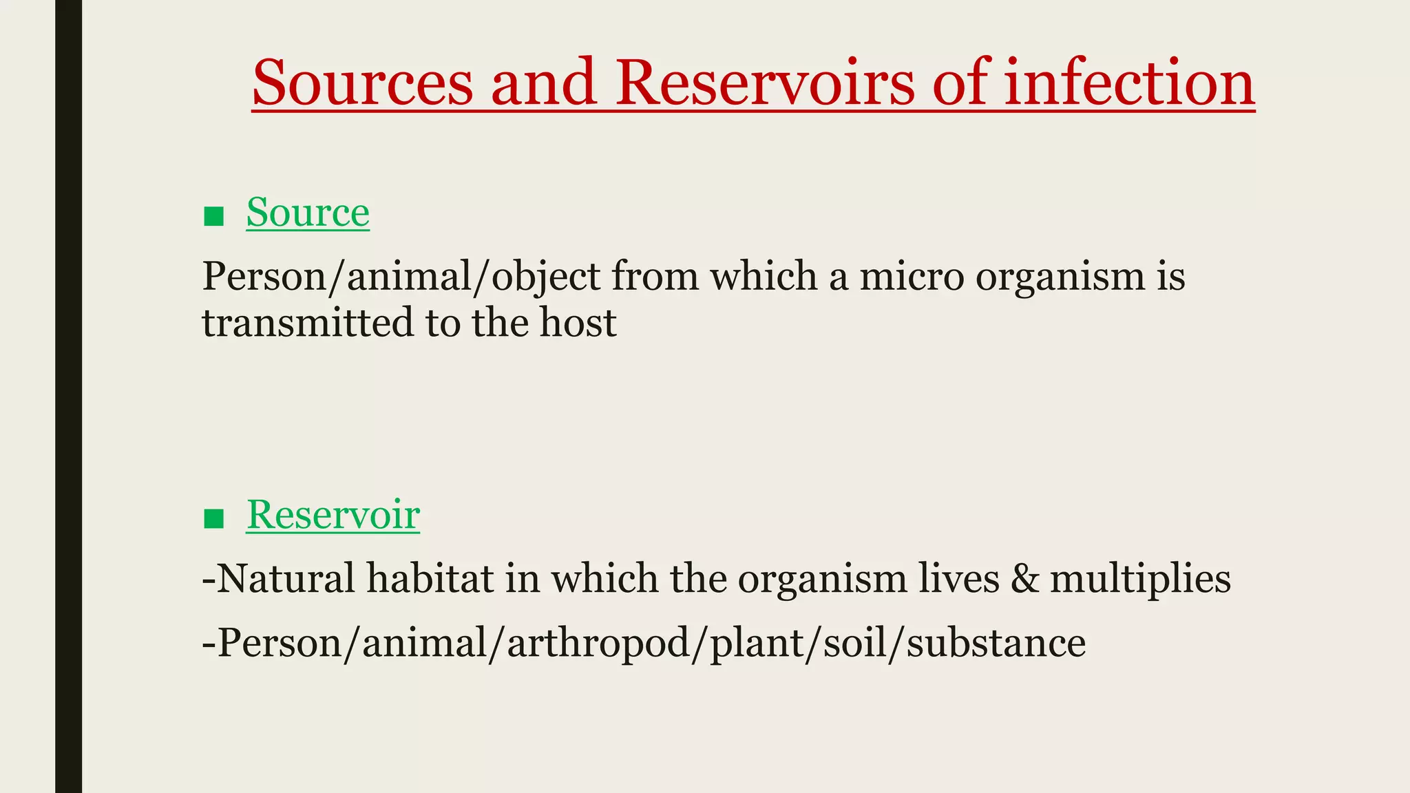 Sources and Reservoirs of infection
■ Source
Person/animal/object from which a micro organism is
transmitted to the host
■ Reservoir
-Natural habitat in which the organism lives & multiplies
-Person/animal/arthropod/plant/soil/substance
 